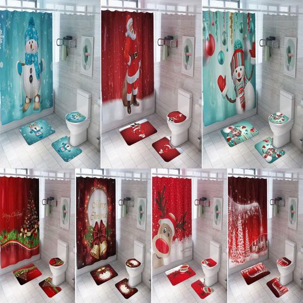 merry christmas bathroom set snowman santa claus elk pattern waterproof shower curtain toilet cover mat non slip rug home decor